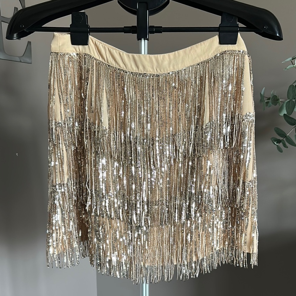 Francesca’s Clarette Tiered Mini Skirt with Sequins Champagne Color Cruise Wear